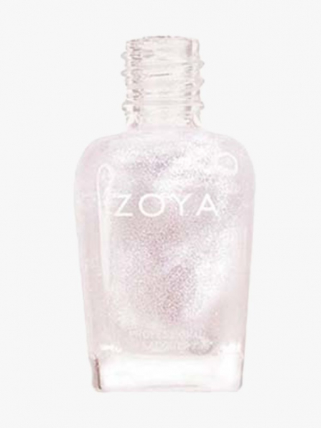 Pearly white and shimmery top coat in clear nail polish bottle. 