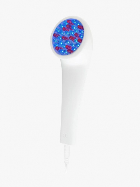 LightStim for Acne white want with blue and red lights on light grey background
