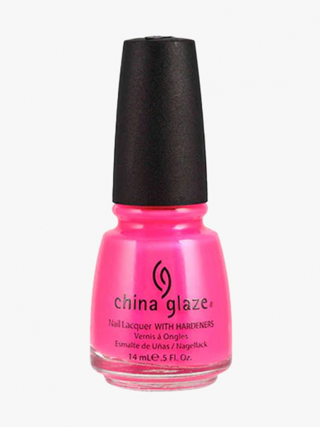 Hot pink nail polish in a simple round bottle with a black cap. 